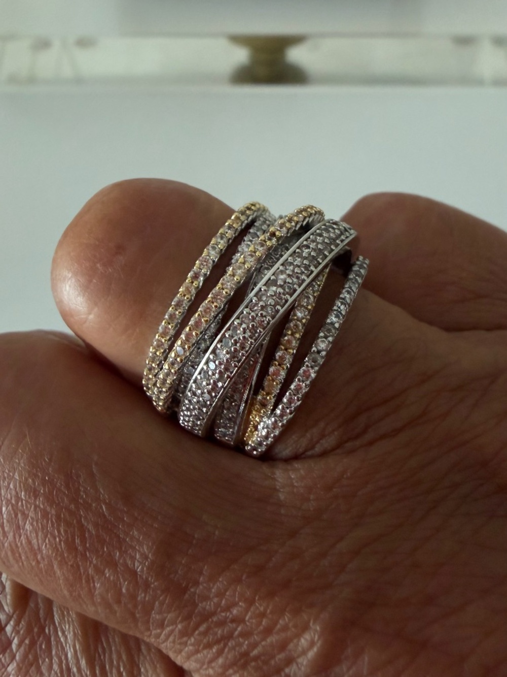 Swarovski multi-band pavé crossover statement ring